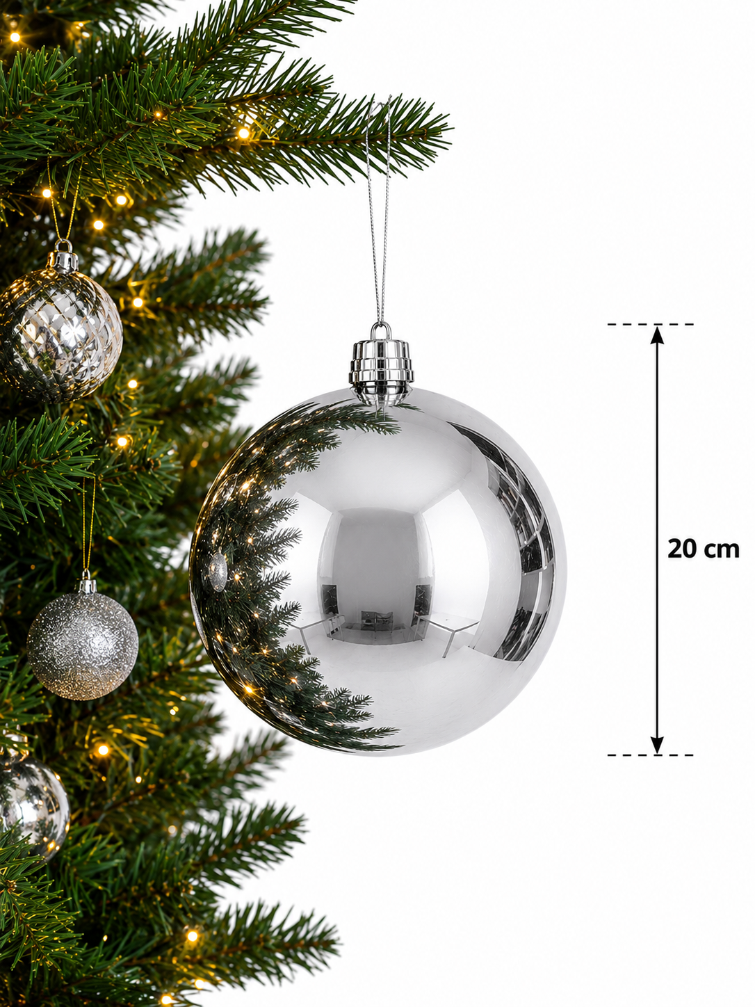 Parti Malzemeleri 20 cm Büyük Boy Aynalı Yılbaşı Topu Parlak Noel Ağacı Süsü Tekli Gümüş