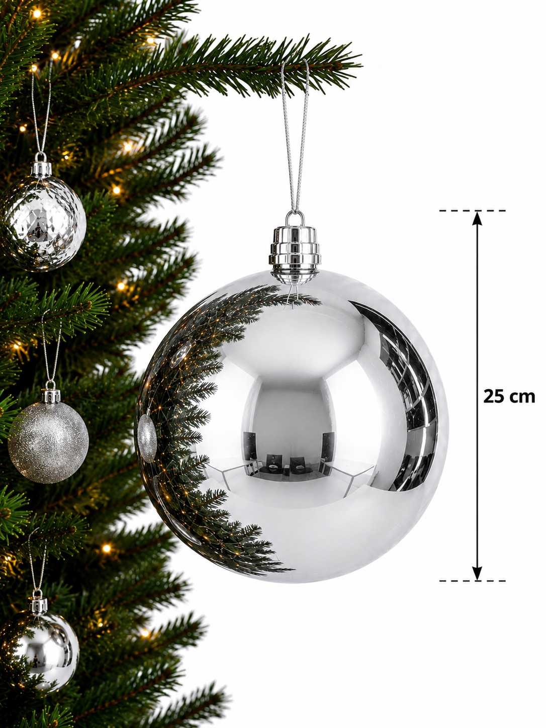Parti Malzemeleri 25 cm Büyük Boy Aynalı Yılbaşı Topu Parlak Noel Ağacı Süsü Tekli Gümüş
