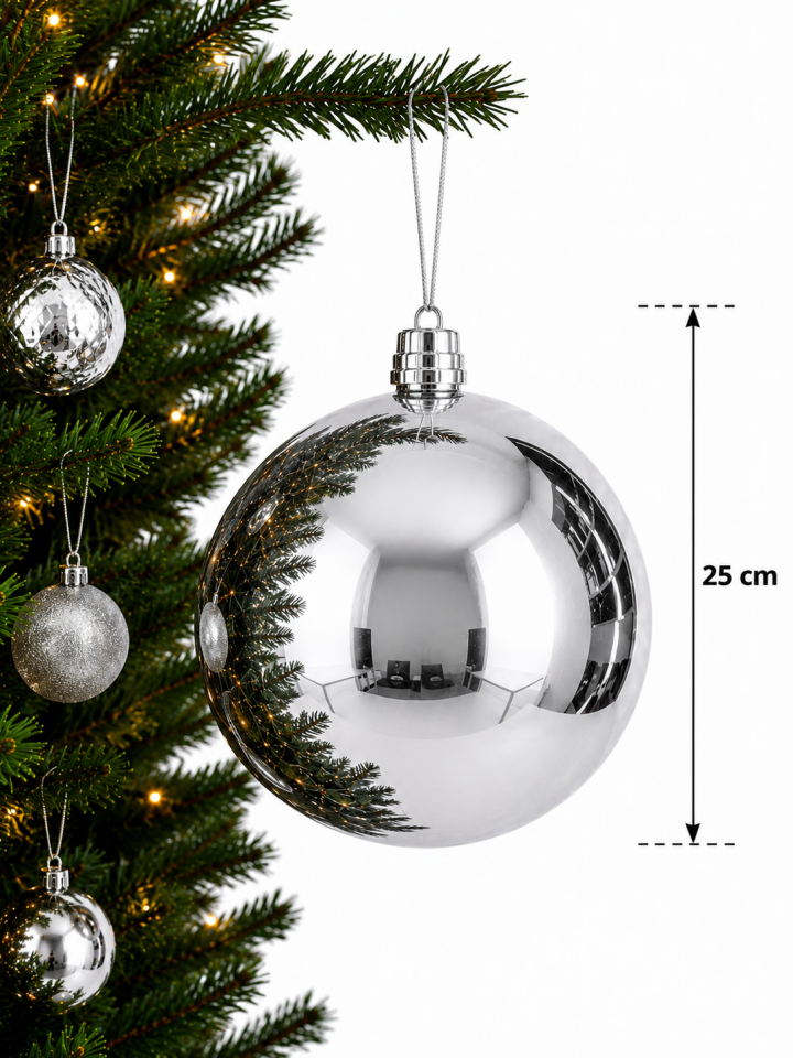 Parti Malzemeleri 25 cm Büyük Boy Aynalı Yılbaşı Topu Parlak Noel Ağacı Süsü Tekli Gümüş
