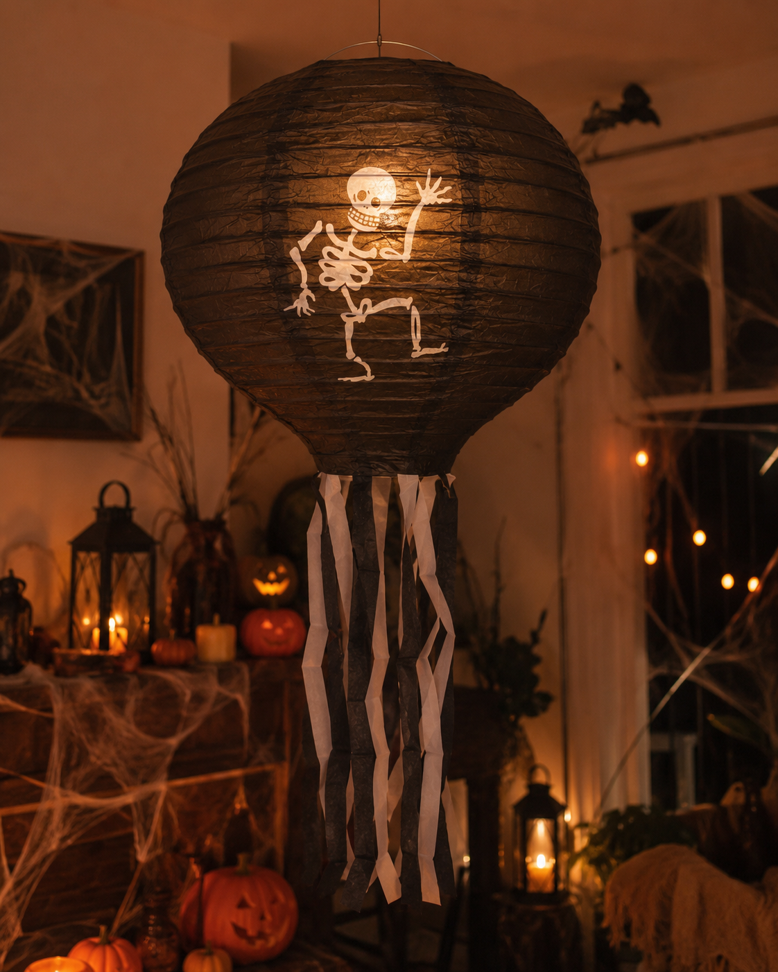 Parti Malzemeleri İskelet Desenli Halloween Feneri Siyah Asma Parti Dekoru Süsleme Ürünü