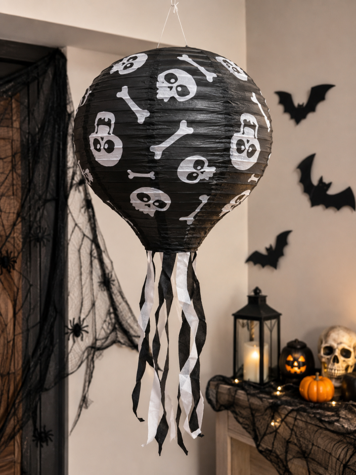 Parti Malzemeleri Halloween Kuru Kafa Desenli Kağıt Fener Süsü Siyah Asmalı Dekoratif Parti Feneri Cadılar Bayramı Süsü