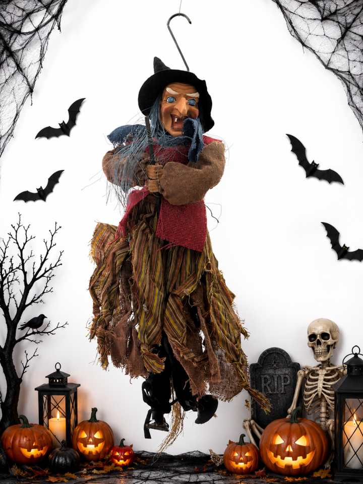 Parti Malzemeleri 55 Cm Sesli Işıklı Cadı Süsü Kırmızı LED Gözlü Asılabilir Halloween Cadılar Bayramı Dekoru