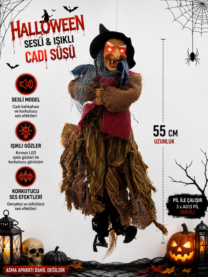 Parti Malzemeleri 55 Cm Sesli Işıklı Cadı Süsü Kırmızı LED Gözlü Asılabilir Halloween Cadılar Bayramı Dekoru