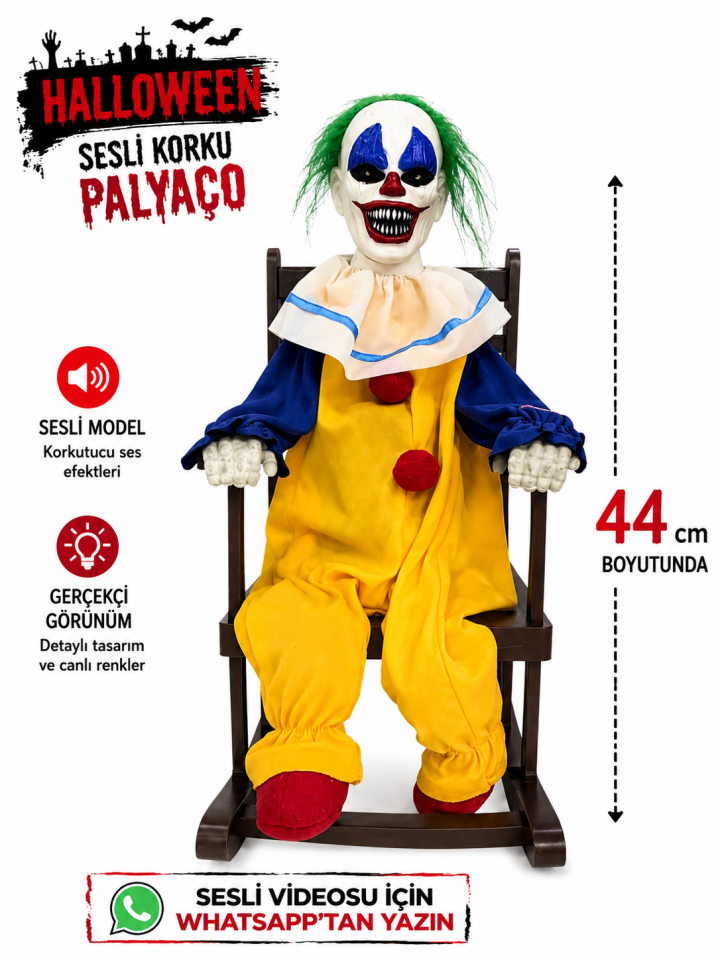 Parti Malzemeleri Halloween 44 Cm Sesli Sallanan Korku Palyaçosu Dekoru – Sallanan Sandalyeli Cadılar Bayramı Dekorasyonu