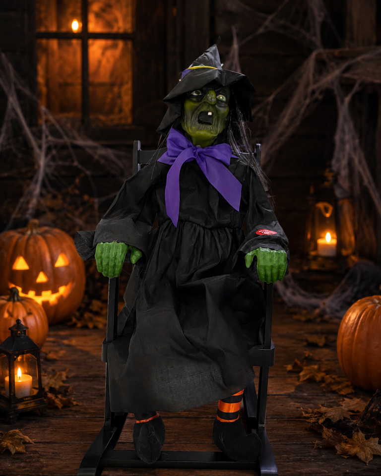 Parti Malzemeleri 44 cm Sesli Sallanan Cadı Dekoru Sandalyeli Halloween Cadılar Bayramı Süsü