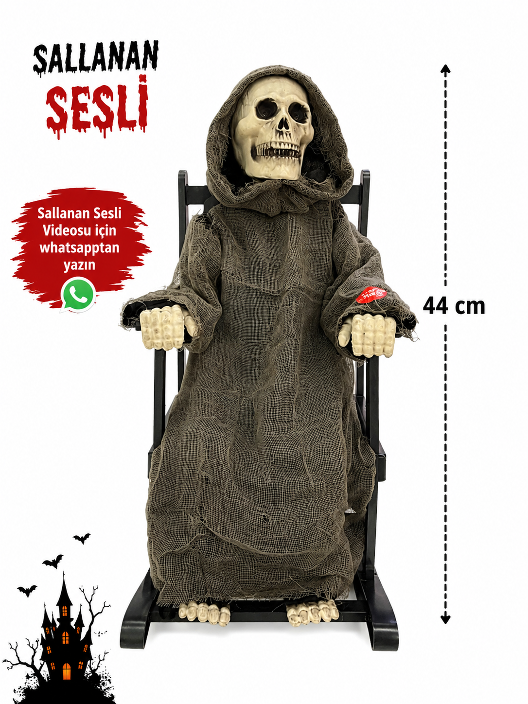 Parti Malzemeleri 44 cm Sesli Sallanan İskelet Dekoru Sandalyeli Halloween Cadılar Bayramı Süsü
