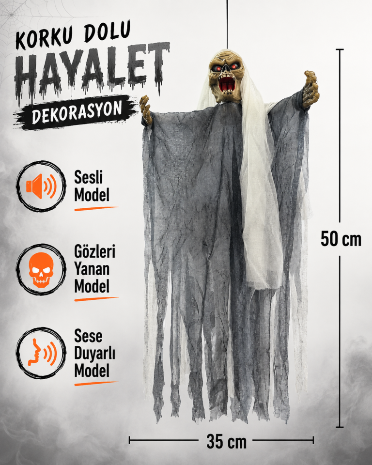 Parti Malzemeleri 50x35 cm Sesli Işıklı Asılabilir Hayalet Süsü Sese Duyarlı Halloween Dekoru Gri