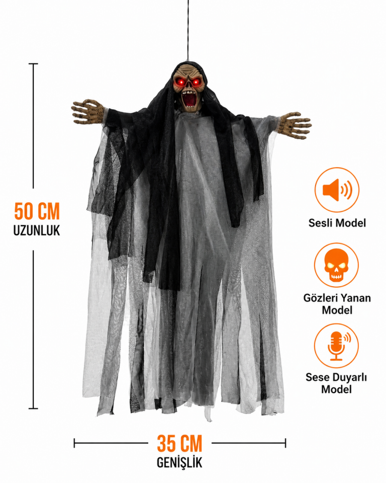 Parti Malzemeleri 50x35 cm Sesli Işıklı Asılabilir Hayalet Süsü Sese Duyarlı Halloween Dekoru Siyah