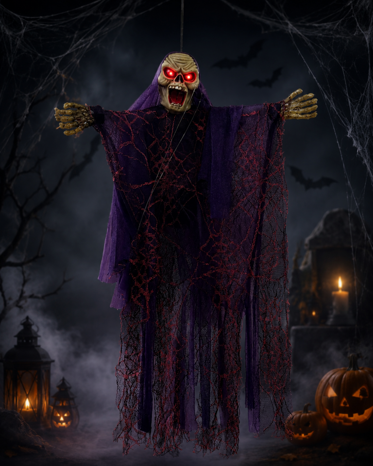 Parti Malzemeleri 50x35 cm Sesli Işıklı Asılabilir Hayalet Süsü Sese Duyarlı Halloween Dekoru Mor