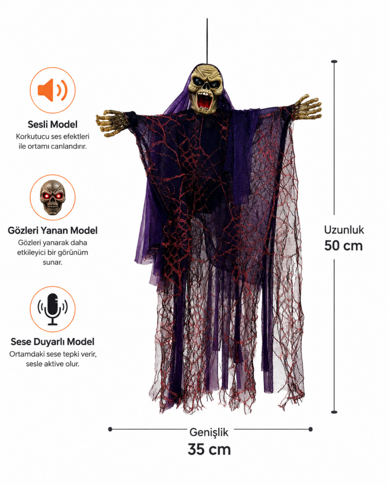 Parti Malzemeleri 50x35 cm Sesli Işıklı Asılabilir Hayalet Süsü Sese Duyarlı Halloween Dekoru Mor