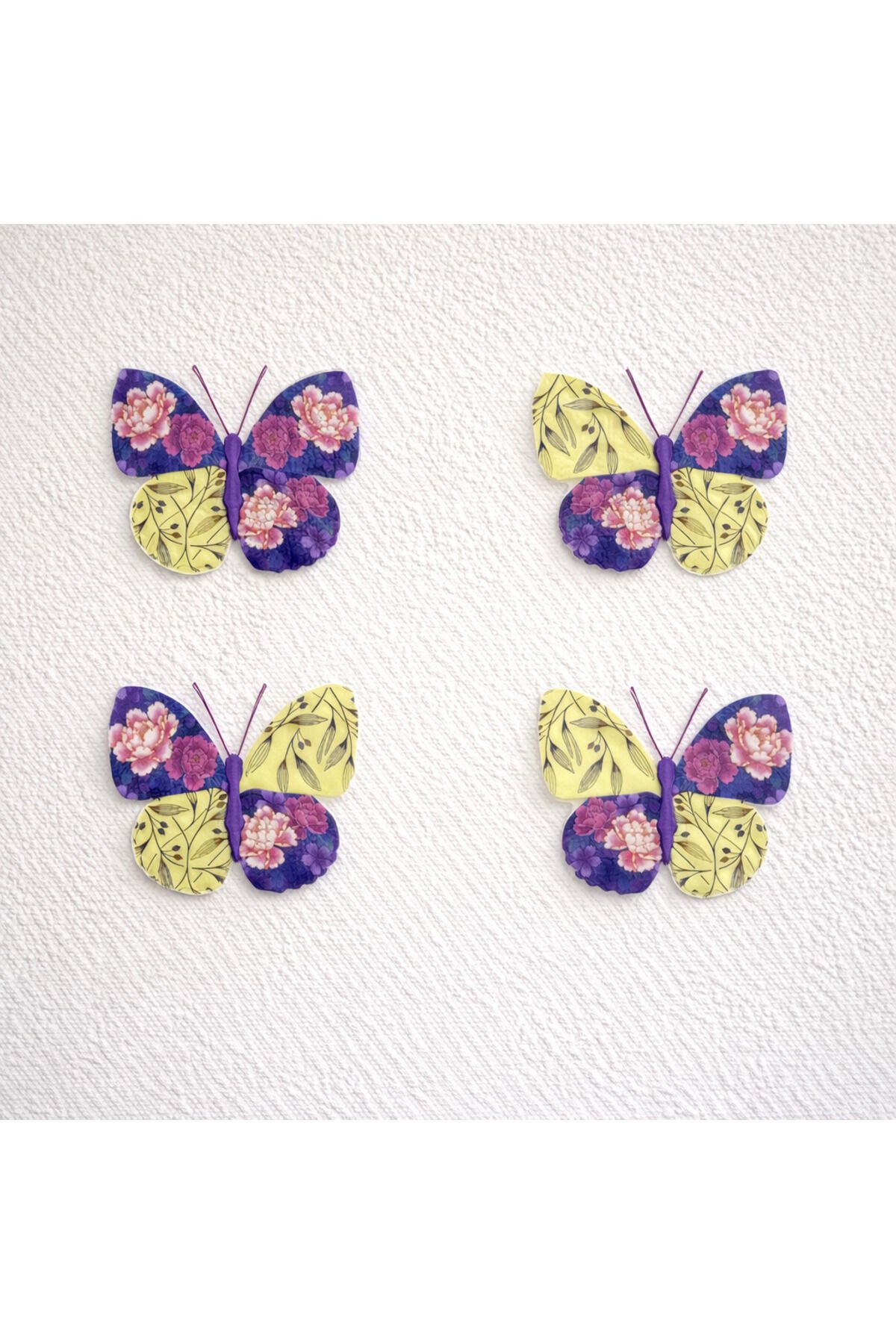 3D Kelebek Duvar Süsü – Vintage Desenli  Yapışkanlı Sticker Duvar Dekoru Sarı-Mor