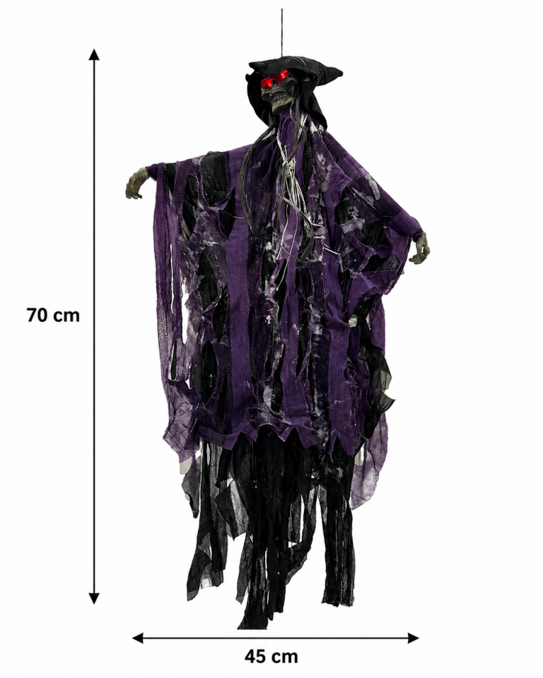 Parti Malzemeleri 70x45 cm Sesli Işıklı Asılabilir İskelet Hayalet Süsü Sese ve Temasa Duyarlı Halloween Dekoru Mor