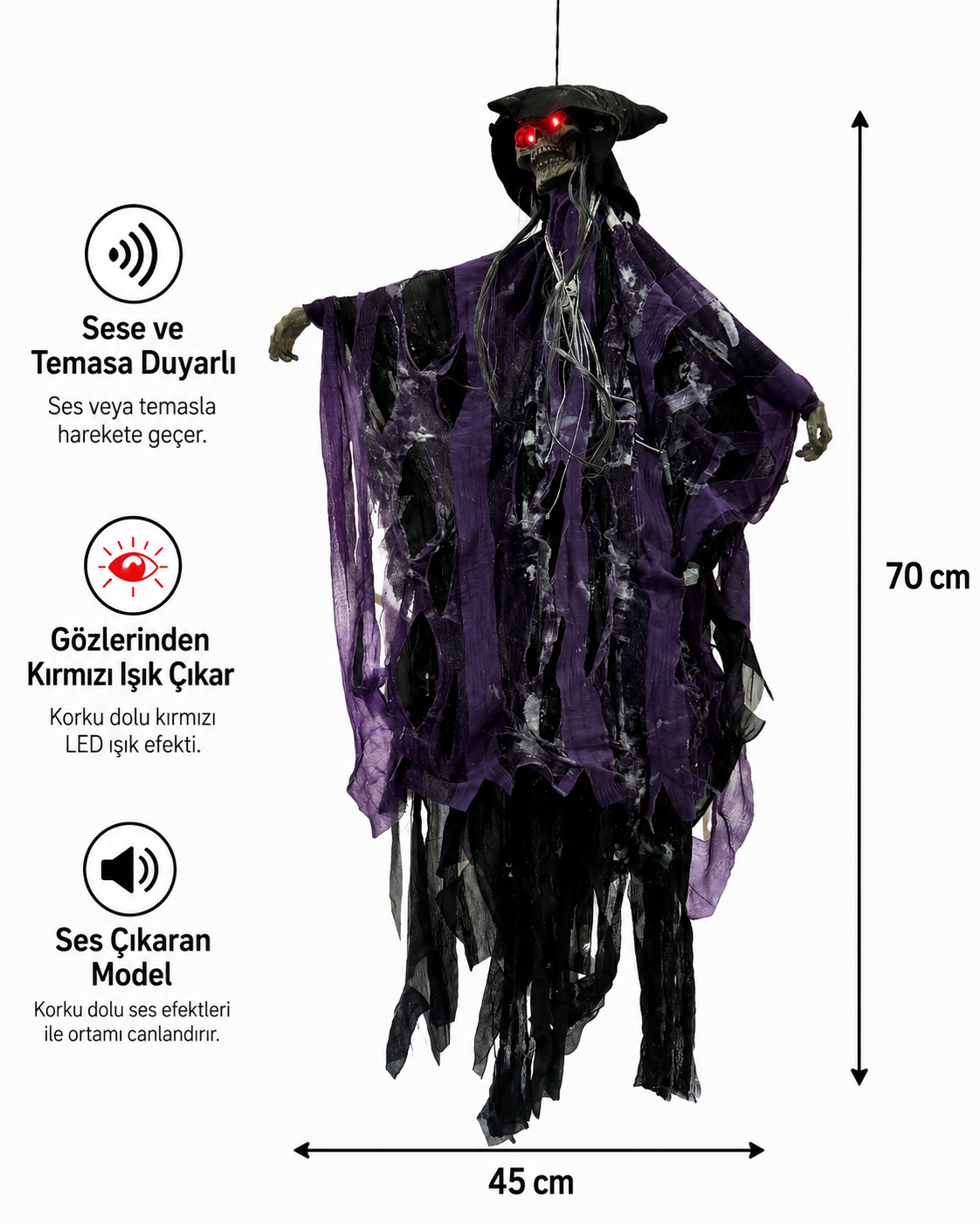 Parti Malzemeleri 70x45 cm Sesli Işıklı Asılabilir İskelet Hayalet Süsü Sese ve Temasa Duyarlı Halloween Dekoru Mor