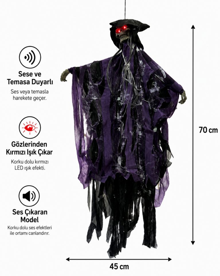 Parti Malzemeleri 70x45 cm Sesli Işıklı Asılabilir İskelet Hayalet Süsü Sese ve Temasa Duyarlı Halloween Dekoru Mor