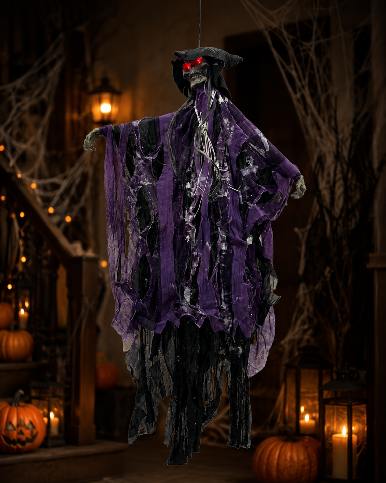 Parti Malzemeleri 70x45 cm Sesli Işıklı Asılabilir İskelet Hayalet Süsü Sese ve Temasa Duyarlı Halloween Dekoru Mor