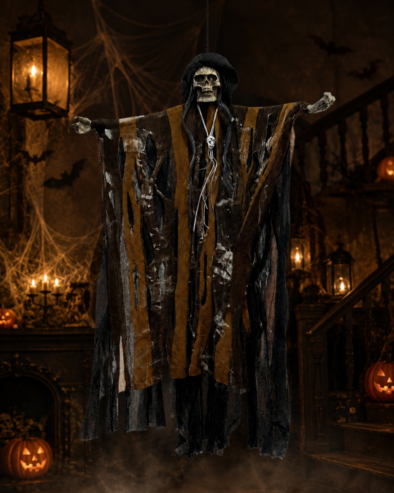 Parti Malzemeleri 70x45 cm Sesli Işıklı Asılabilir İskelet Hayalet Süsü Sese ve Temasa Duyarlı Halloween Dekoru Kahverengi