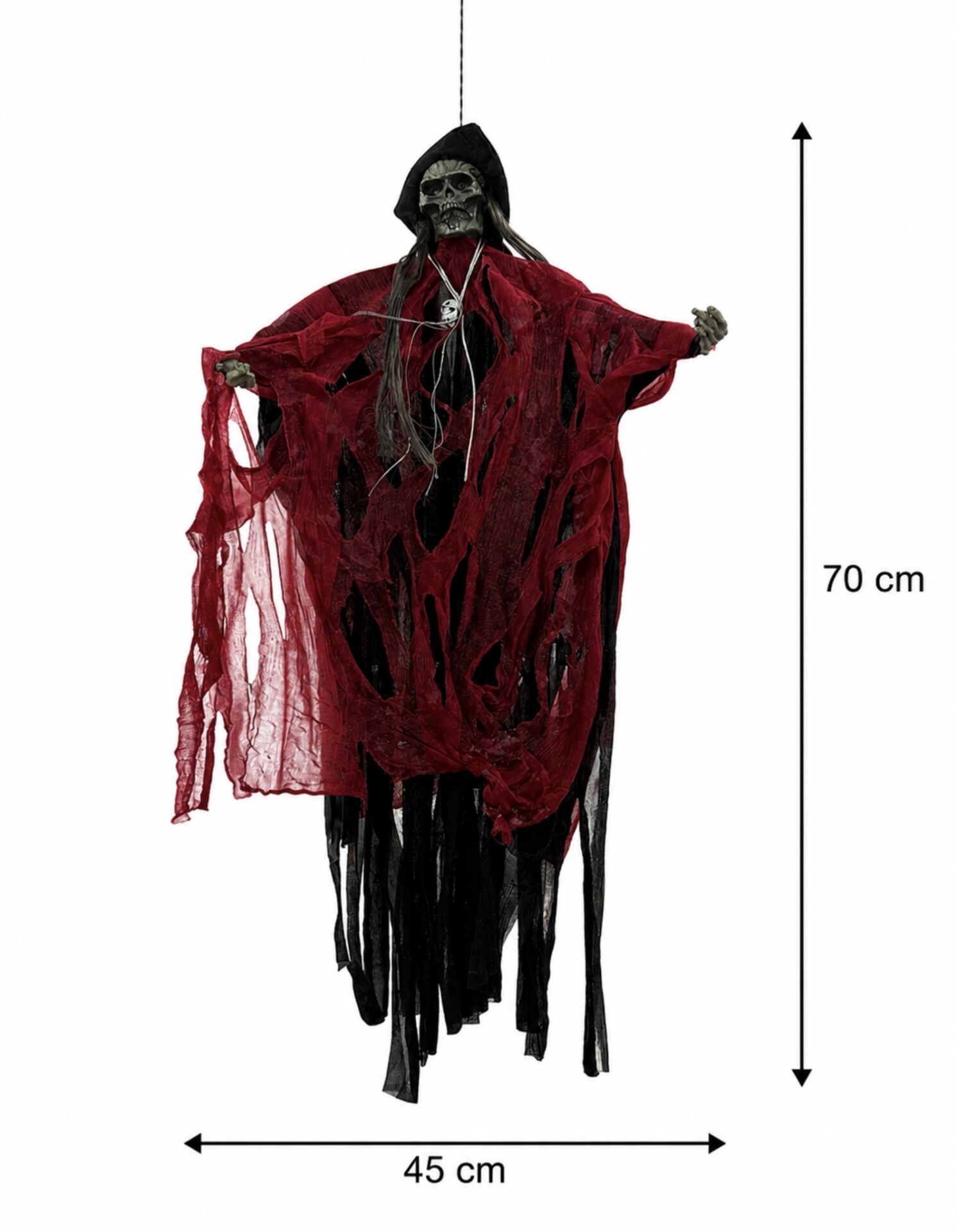 Parti Malzemeleri 70x45 cm Sesli Işıklı Asılabilir İskelet Hayalet Süsü Sese ve Temasa Duyarlı Halloween Dekoru Kırmızı