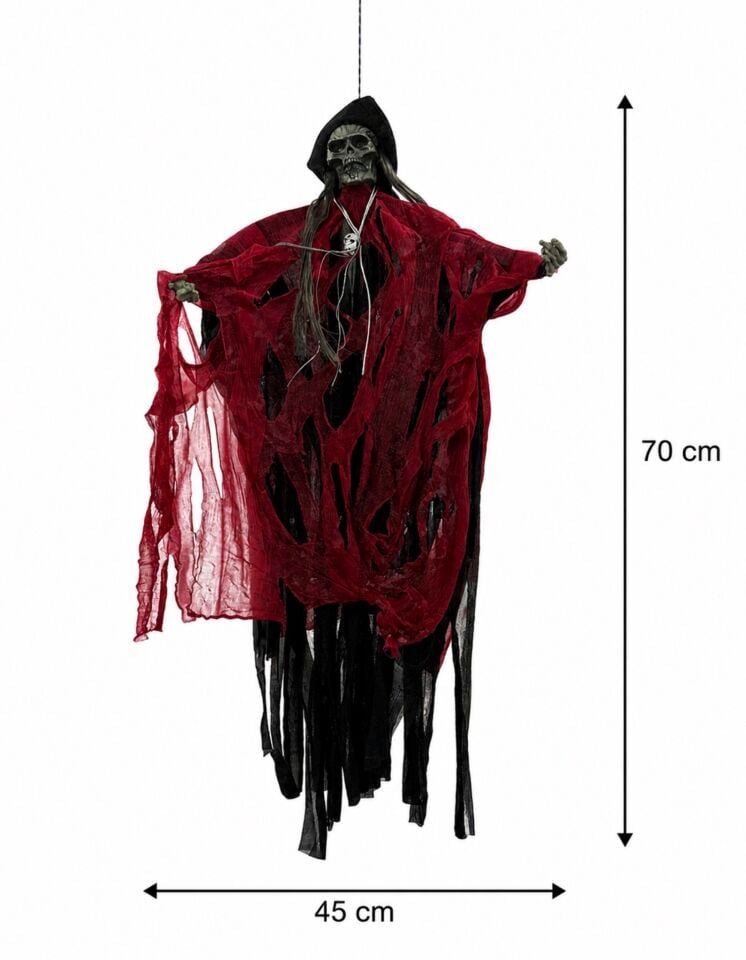 Parti Malzemeleri 70x45 cm Sesli Işıklı Asılabilir İskelet Hayalet Süsü Sese ve Temasa Duyarlı Halloween Dekoru Kırmızı