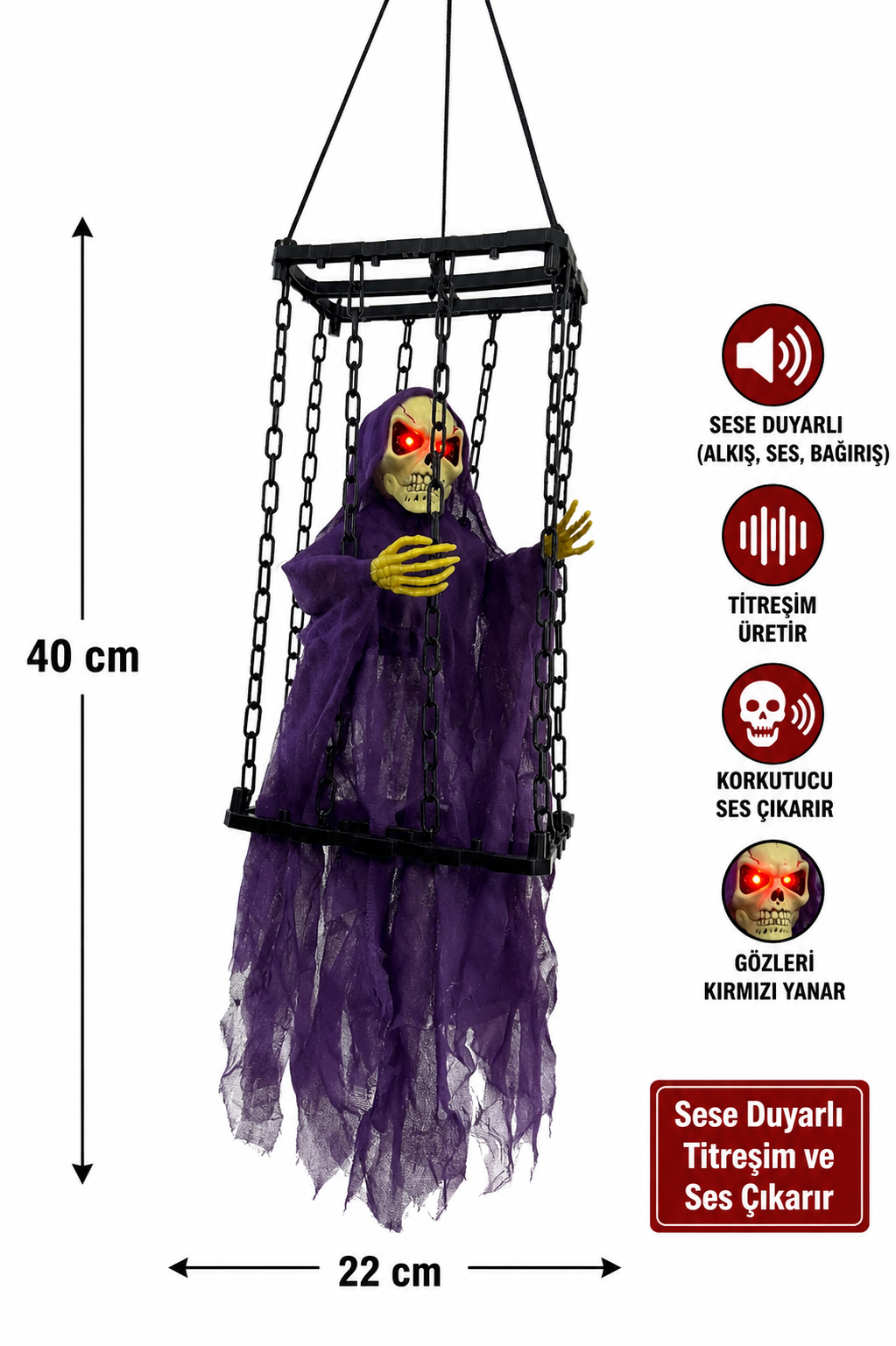 Parti Malzemeleri 40x22 cm Sesli Titreşimli Kafesli İskelet Süsü Kırmızı Işıklı Sese Duyarlı Halloween Dekoru