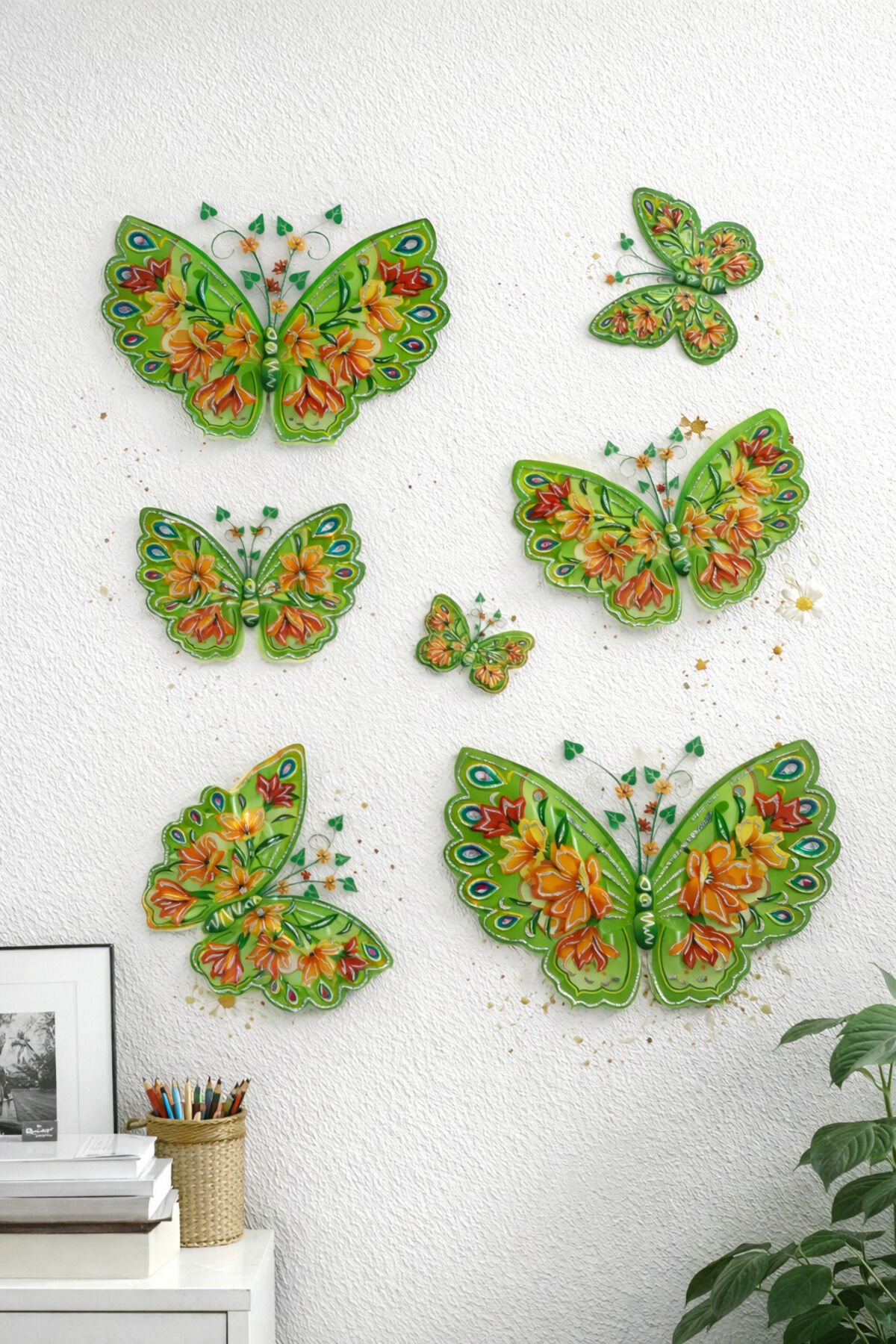 3D Kelebek Duvar Süsü – Vintage Desenli  Yapışkanlı Sticker Duvar Dekoru Yeşil