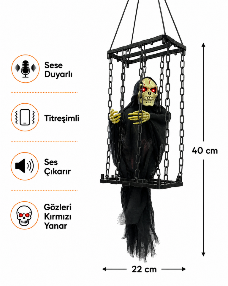 Parti Malzemeleri 40x22 cm Sesli Titreşimli Kafesli İskelet Süsü Kırmızı Işıklı Sese Duyarlı Halloween Dekoru Siyah