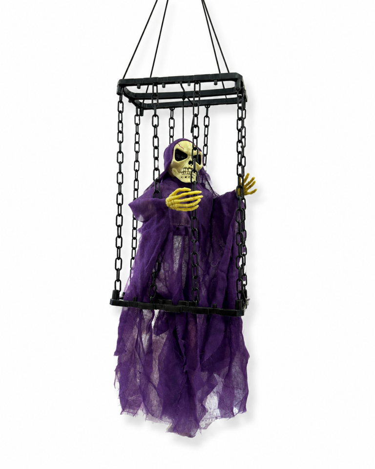 Parti Malzemeleri 40x22 cm Sesli Titreşimli Kafesli İskelet Süsü Kırmızı Işıklı Sese Duyarlı Halloween Dekoru Mor