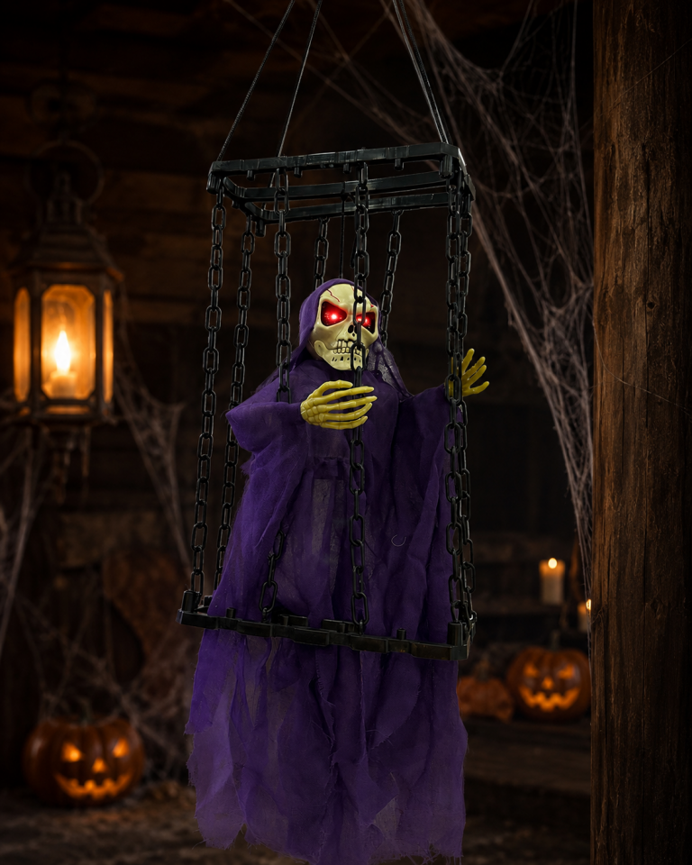 Parti Malzemeleri 40x22 cm Sesli Titreşimli Kafesli İskelet Süsü Kırmızı Işıklı Sese Duyarlı Halloween Dekoru Mor
