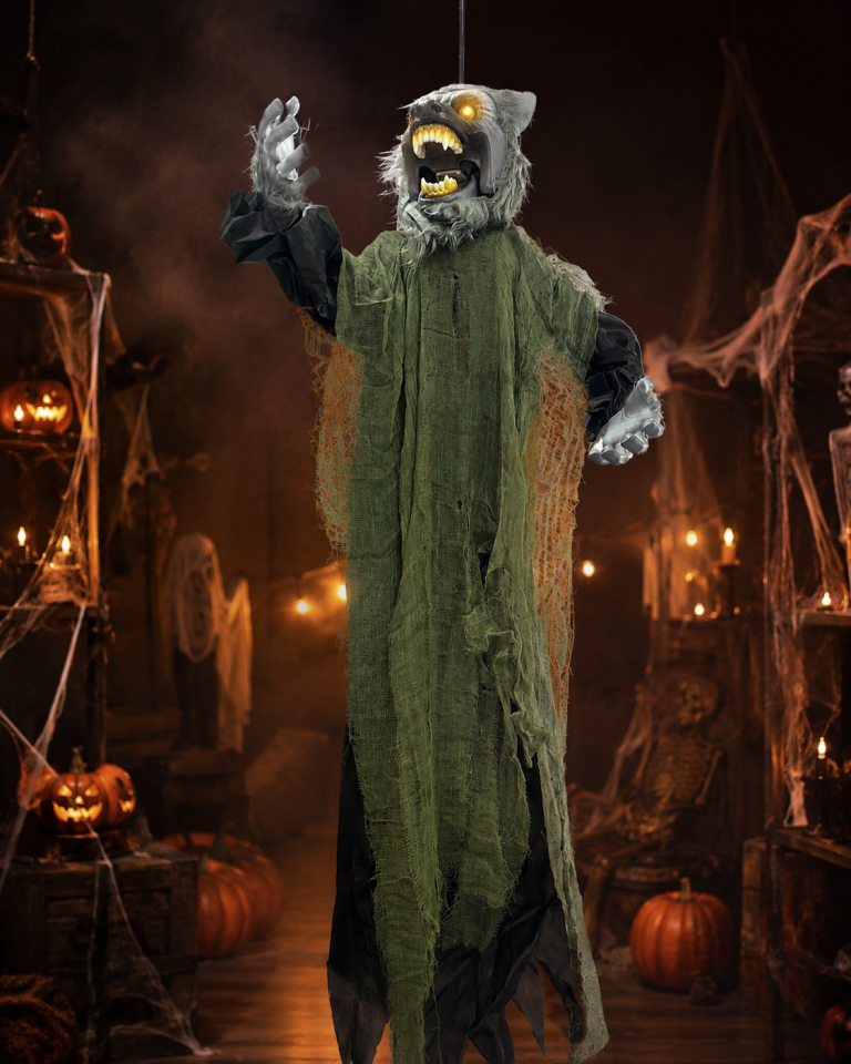 Parti Malzemeleri 105 cm Sesli Işıklı Asılabilir Kurt Adam Süsü Gözleri Yanan Hareketli Halloween Dekoru