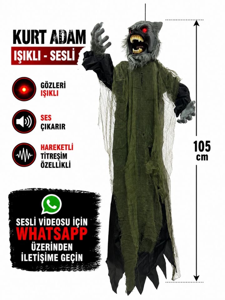 Parti Malzemeleri 105 cm Sesli Işıklı Asılabilir Kurt Adam Süsü Gözleri Yanan Hareketli Halloween Dekoru
