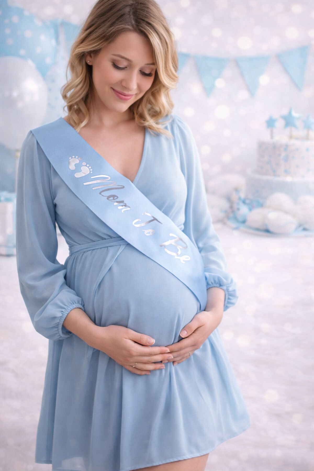 Mom To Be Mavi Saten Kuşak – Baby Shower Erkek Konsept 144x10 cm Gümüş