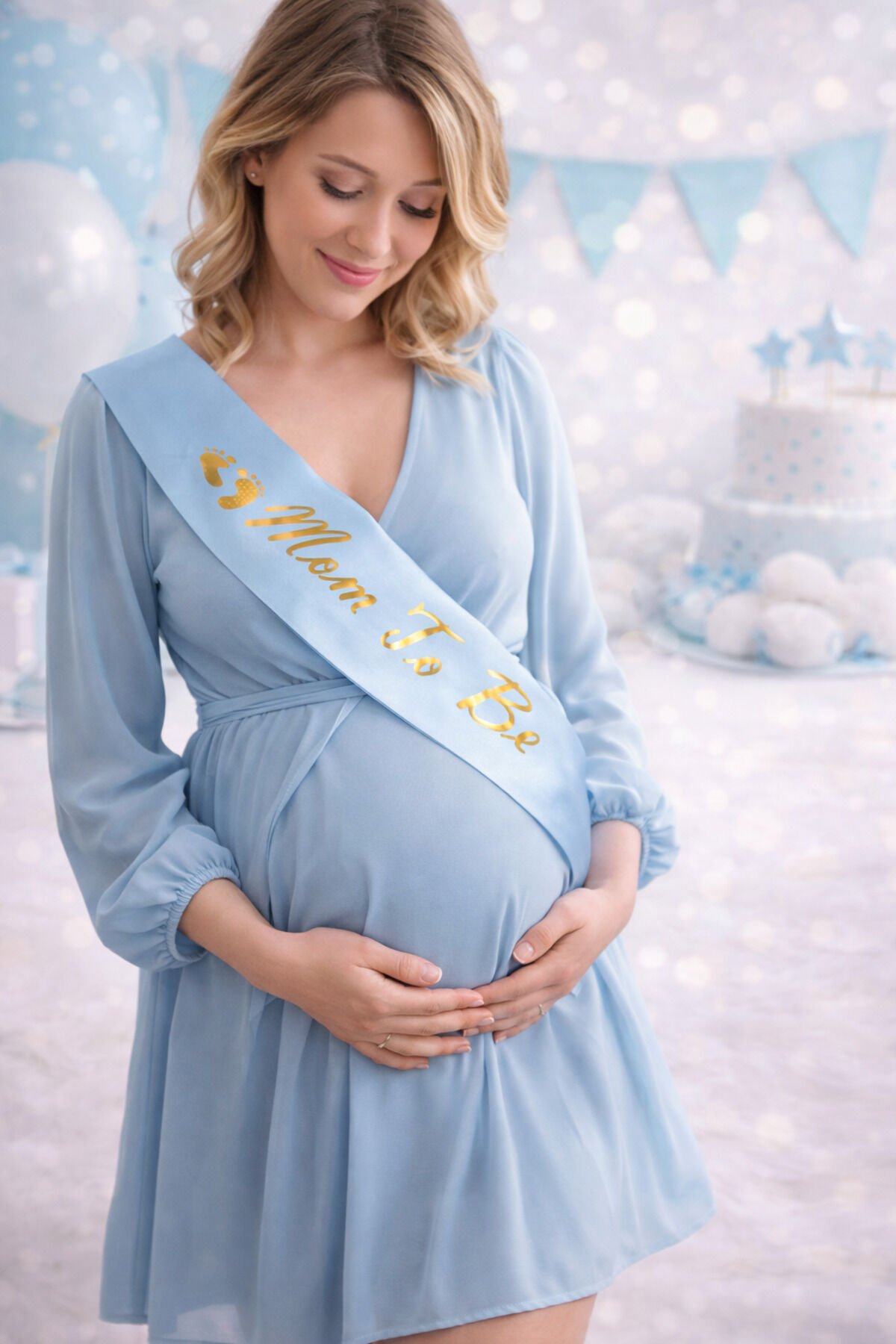 Mom To Be Mavi Saten Kuşak – Baby Shower Erkek Konsept 144x10 cm Altın