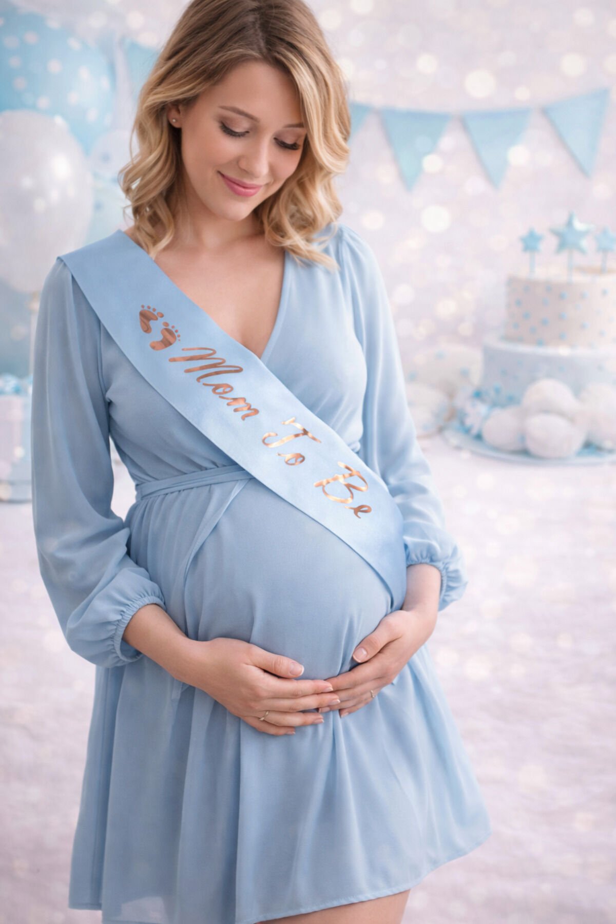 Mom To Be Mavi Saten Kuşak – Baby Shower Erkek Konsept 144x10 cm Metalik