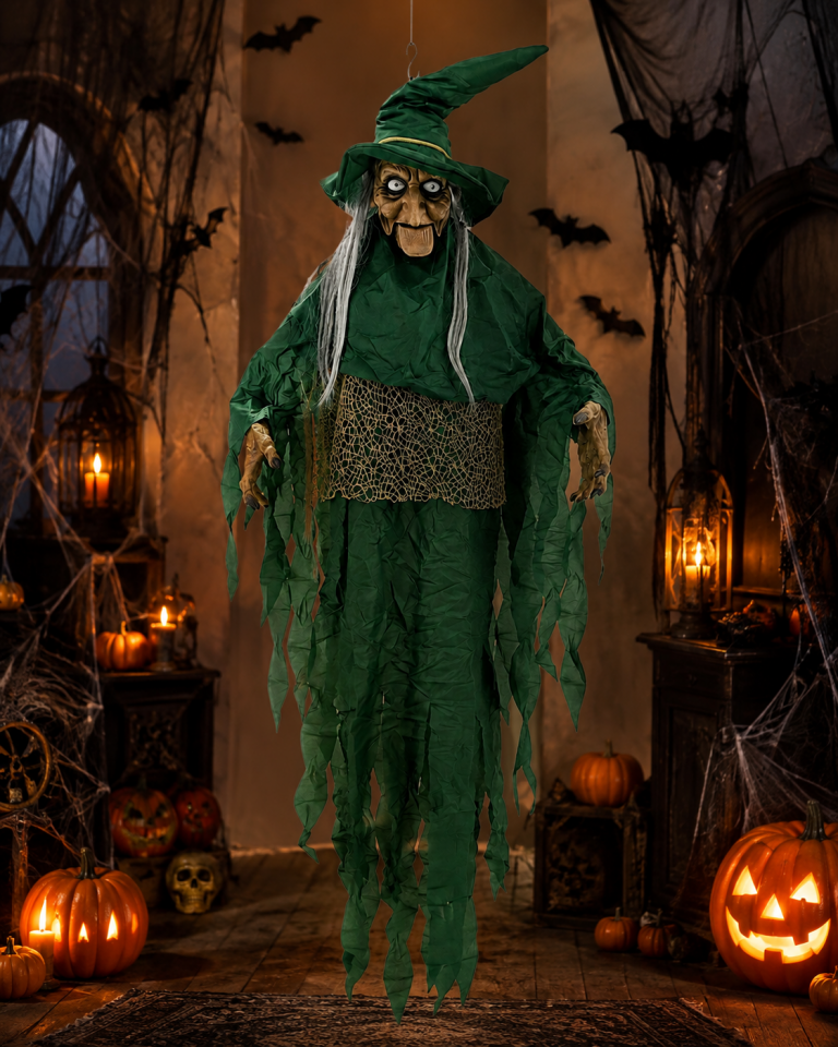 Parti Malzemeleri 150 cm Asılabilir Mor Cadı Süsü Sensörlü  Büyük Boy Halloween Cadılar Bayramı Dekoru Yeşil