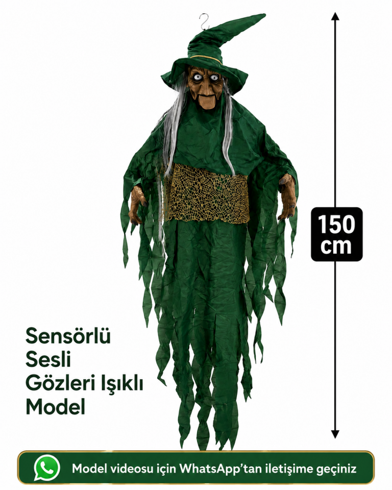 Parti Malzemeleri 150 cm Asılabilir Mor Cadı Süsü Sensörlü  Büyük Boy Halloween Cadılar Bayramı Dekoru Yeşil