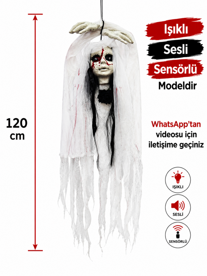 Parti Malzemeleri 120 Cm Sensörlü Işıklı Sesli Halloween Hayalet Gelin Dekoru – Asılabilir Korku Süsü