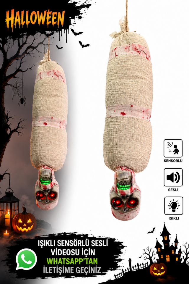 Parti Malzemeleri 100 Cm Sensörlü Işıklı Sesli Halloween Ters Asılı Mumya Kuru Kafa Dekoru Korku Süsü