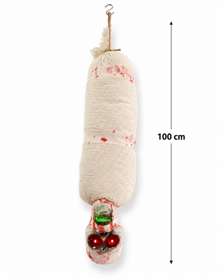 Parti Malzemeleri 100 Cm Sensörlü Işıklı Sesli Halloween Ters Asılı Mumya Kuru Kafa Dekoru Korku Süsü