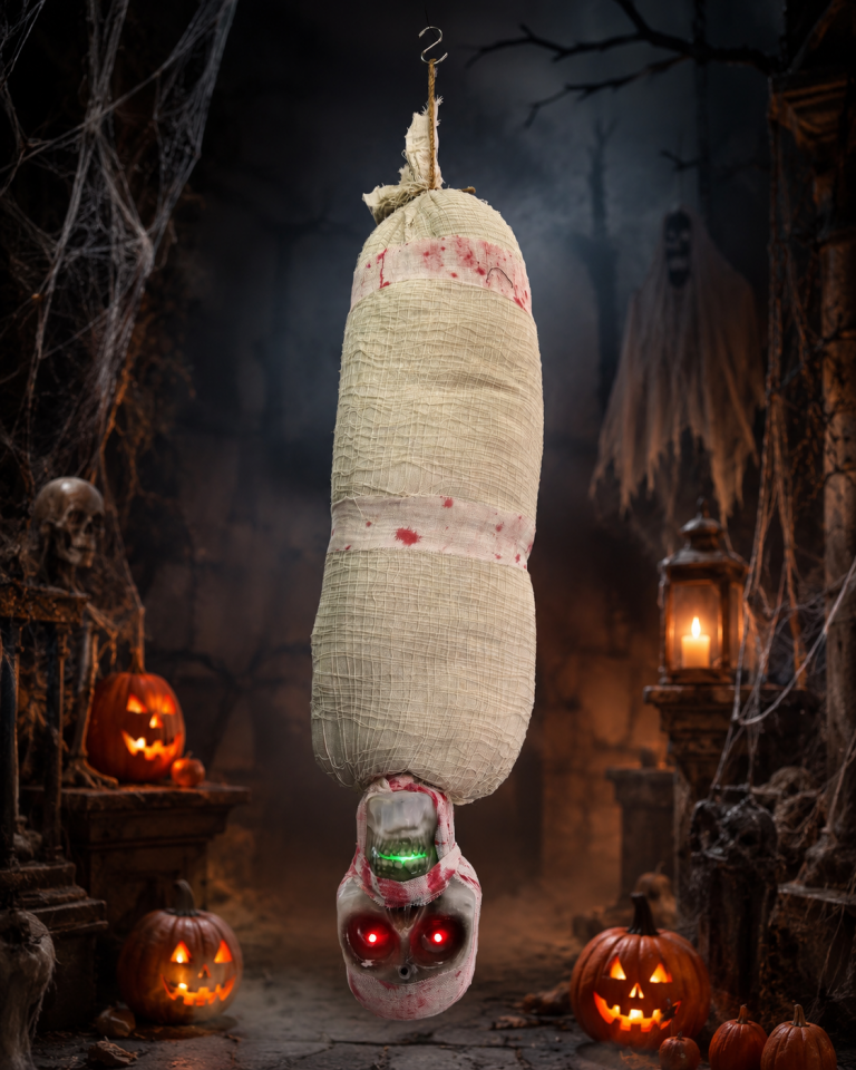 Parti Malzemeleri 100 Cm Sensörlü Işıklı Sesli Halloween Ters Asılı Mumya Kuru Kafa Dekoru Korku Süsü