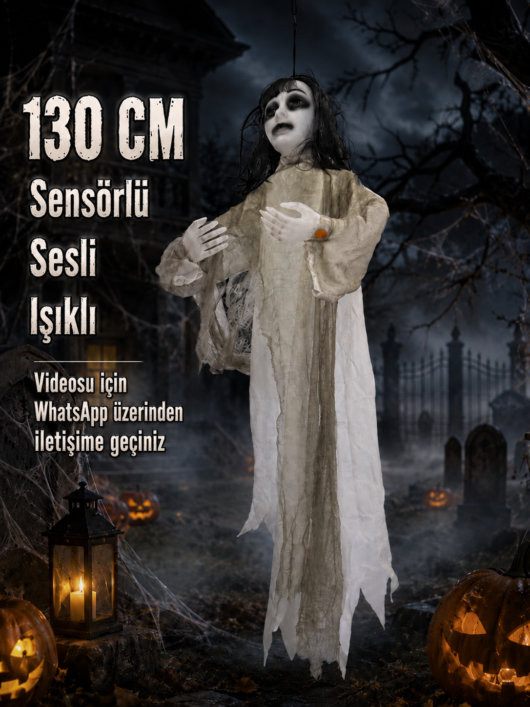 130 Cm Sensörlü Sesli Işıklı Halloween Hayalet Kadın Dekoru Asılabilir Korku Süsü