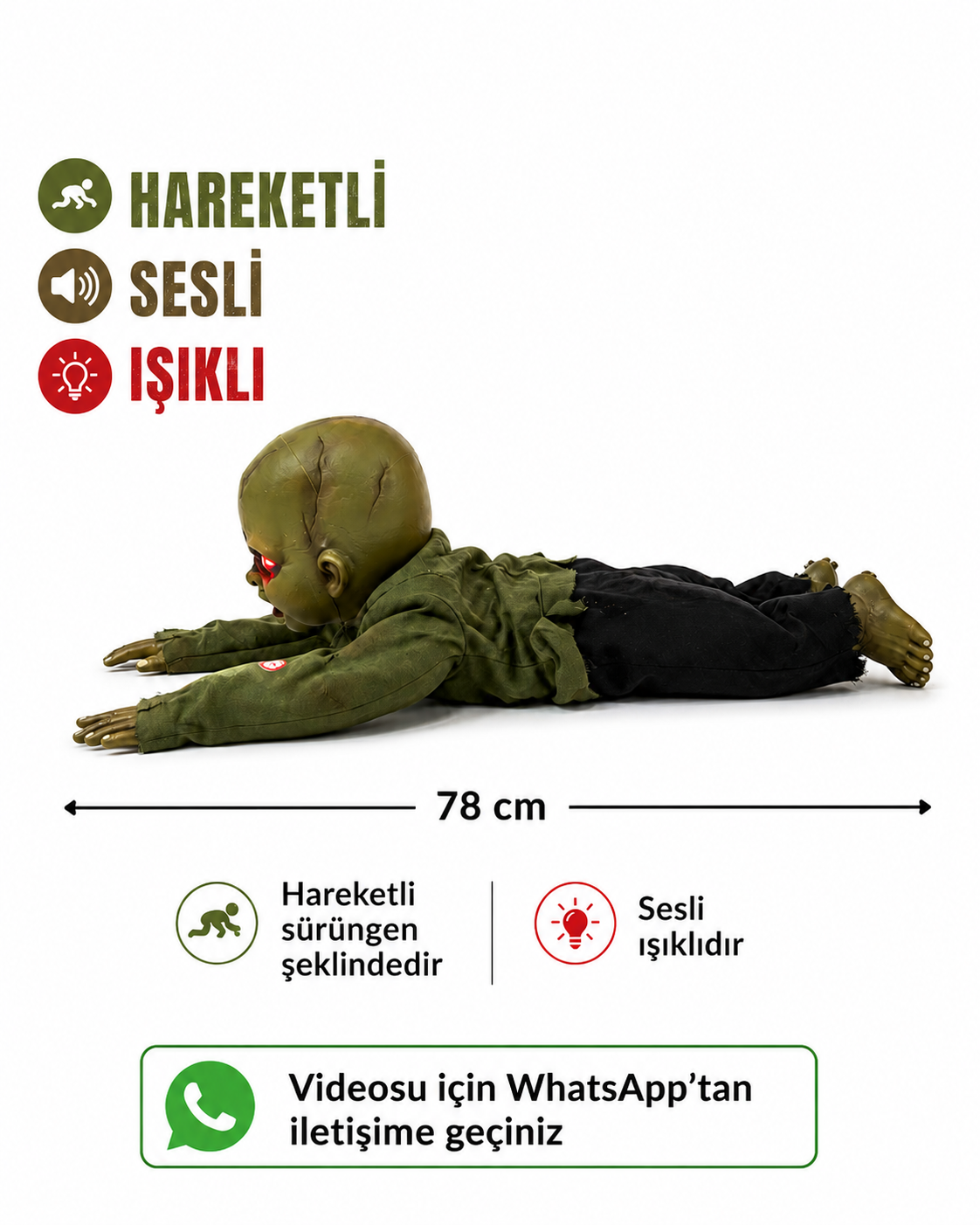 Parti Malzemeleri 78 Cm Hareketli Sürünen Zombi Bebek Halloween Dekoru Sesli Işıklı Korku Süsü