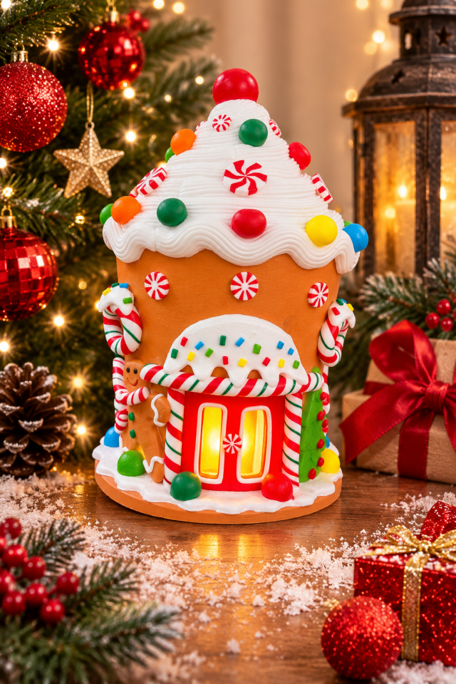 Parti Malzemeleri 24 Cm Işıklı Gingerbread Yılbaşı Evi Dekoru LED Işıklı Noel Ev Süsü Masa Üstü Yılbaşı Dekorasyonu
