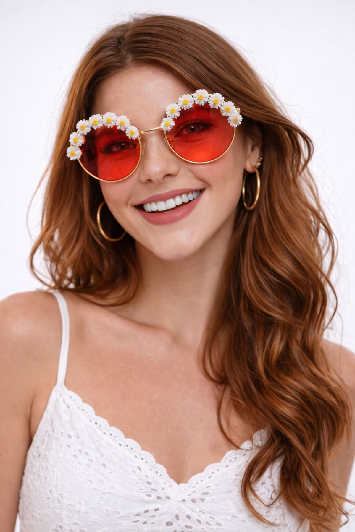 Papatya Detaylı Yuvarlak Parti Gözlüğü Festival Gözlüğü Yazlık Konsept Parti Doğum Günü Gözlüğü Kırmızı