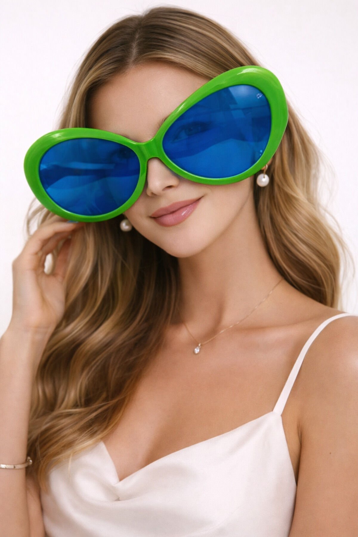 Dev Kalp Parti Gözlüğü Sarı Çerçeve Mavi Cam – Oversize Eğlence Gözlüğü 25x9 cm Yeşil