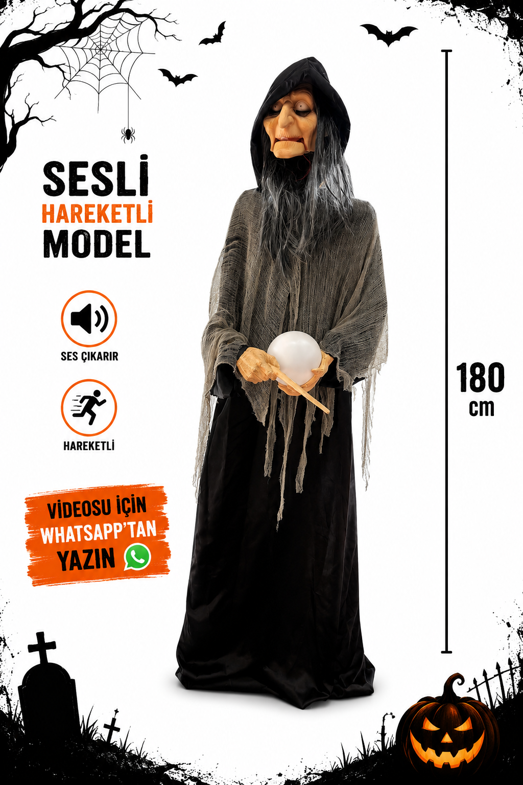 Parti Malzemeleri 180 cm Hareketli Sesli Halloween Cadı Dekoru – Büyük Boy Korku Cadısı Animasyonlu Cadılar Bayramı Süsü
