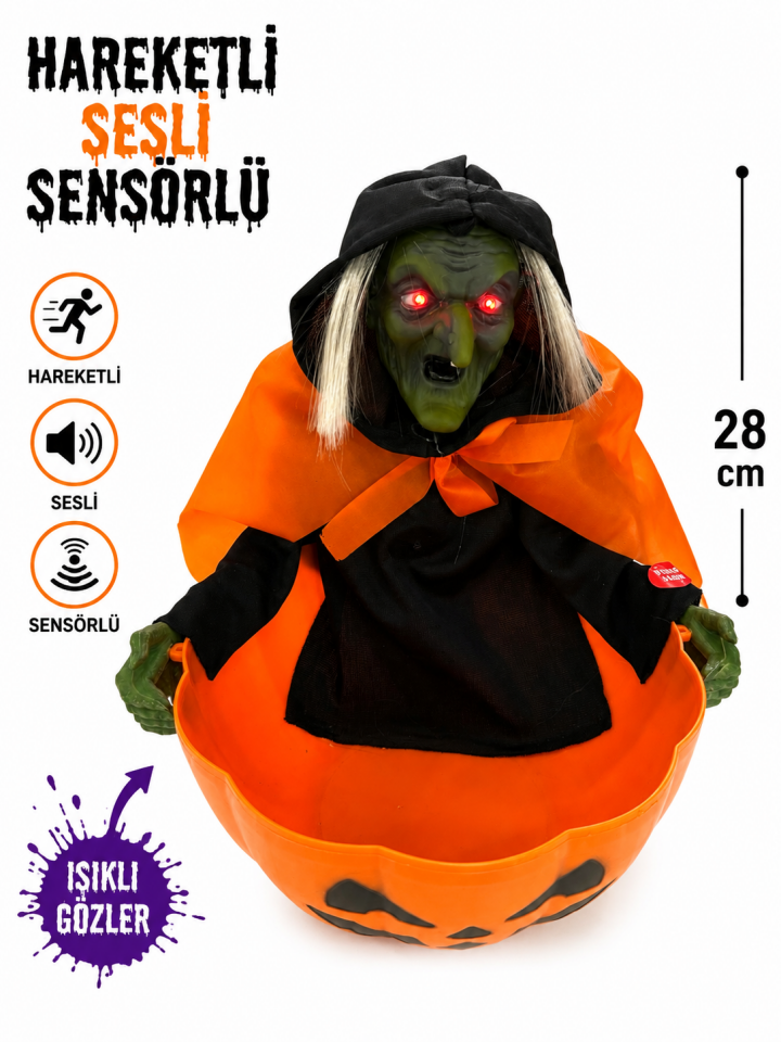 Parti Malzemesi  Halloween Cadılar Bayramı Sensörlü Hareketli Sesli Işıklı Cadı Balkabağı Şekerlik Dekor