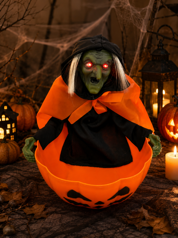 Parti Malzemesi  Halloween Cadılar Bayramı Sensörlü Hareketli Sesli Işıklı Cadı Balkabağı Şekerlik Dekor