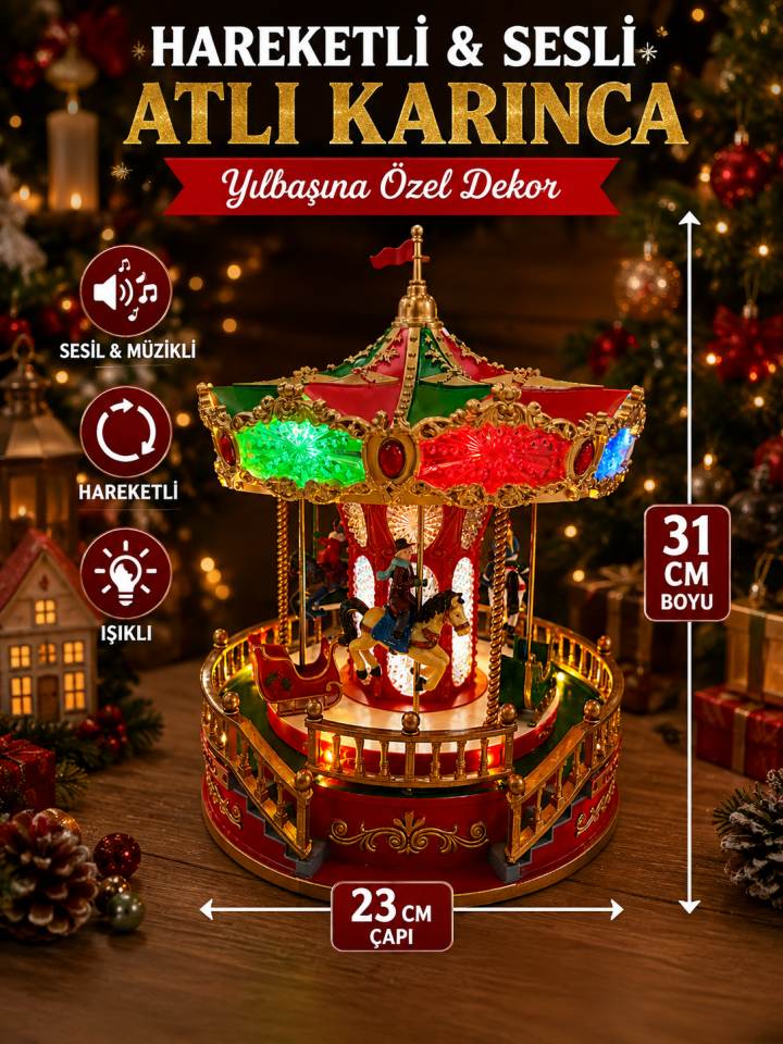Parti Malzemeleri 31 Cm Işıklı Sesli Hareketli Atlı Karınca Yılbaşı Dekoru Müzikli Carousel Süs