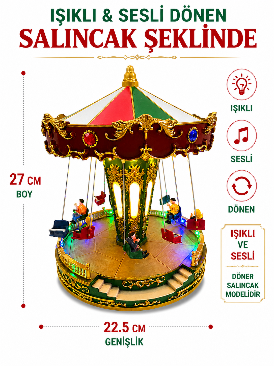 Parti Malzemeleri 23 Cm Işıklı Sesli Hareketli Dönen Salıncak Yılbaşı Dekoru 26 Cm Çaplı Carousel