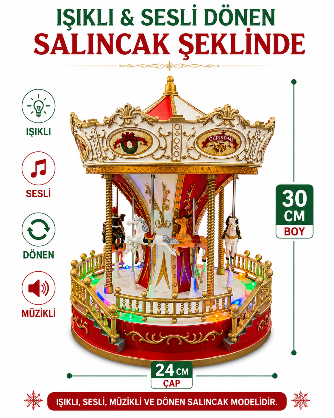 Parti Malzemeleri  30 Cm Işıklı Sesli Müzikli Hareketli Dönen Atlı Karınca Yılbaşı Dekoru 24 Cm Çaplı Carousel