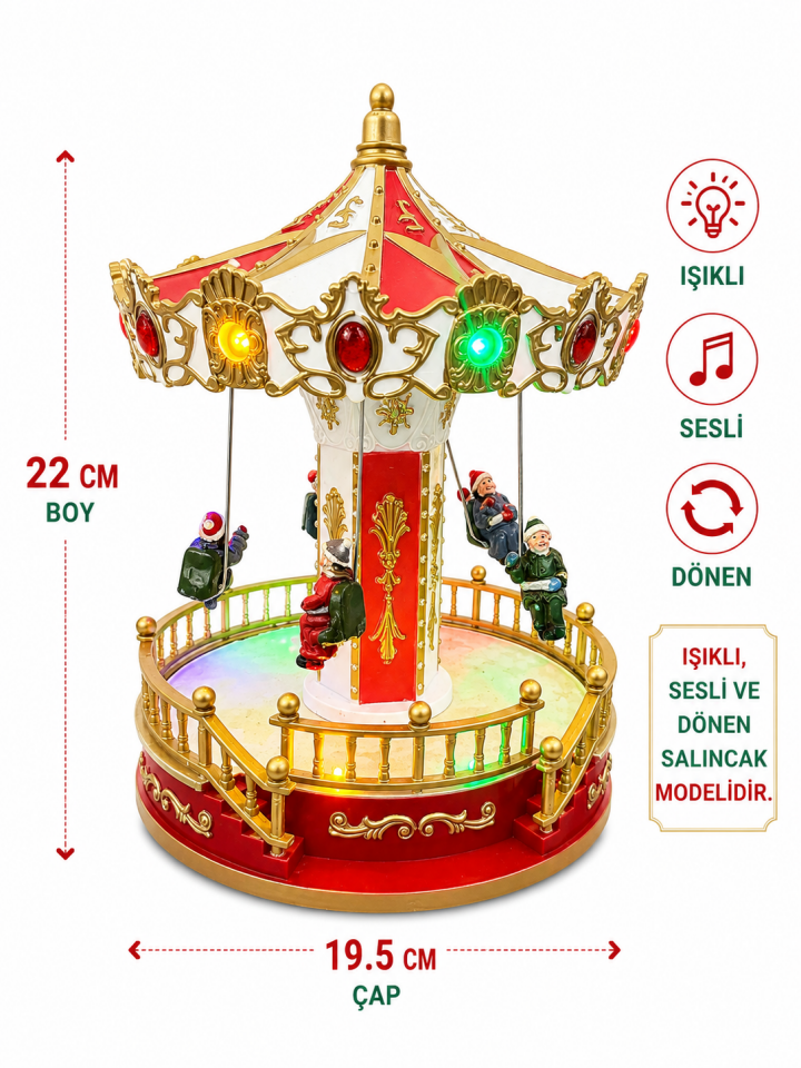 Parti Malzemeleri 22 Cm Işıklı Sesli Müzikli Hareketli Dönen Salıncak Yılbaşı Dekoru 19,5 Cm Carousel